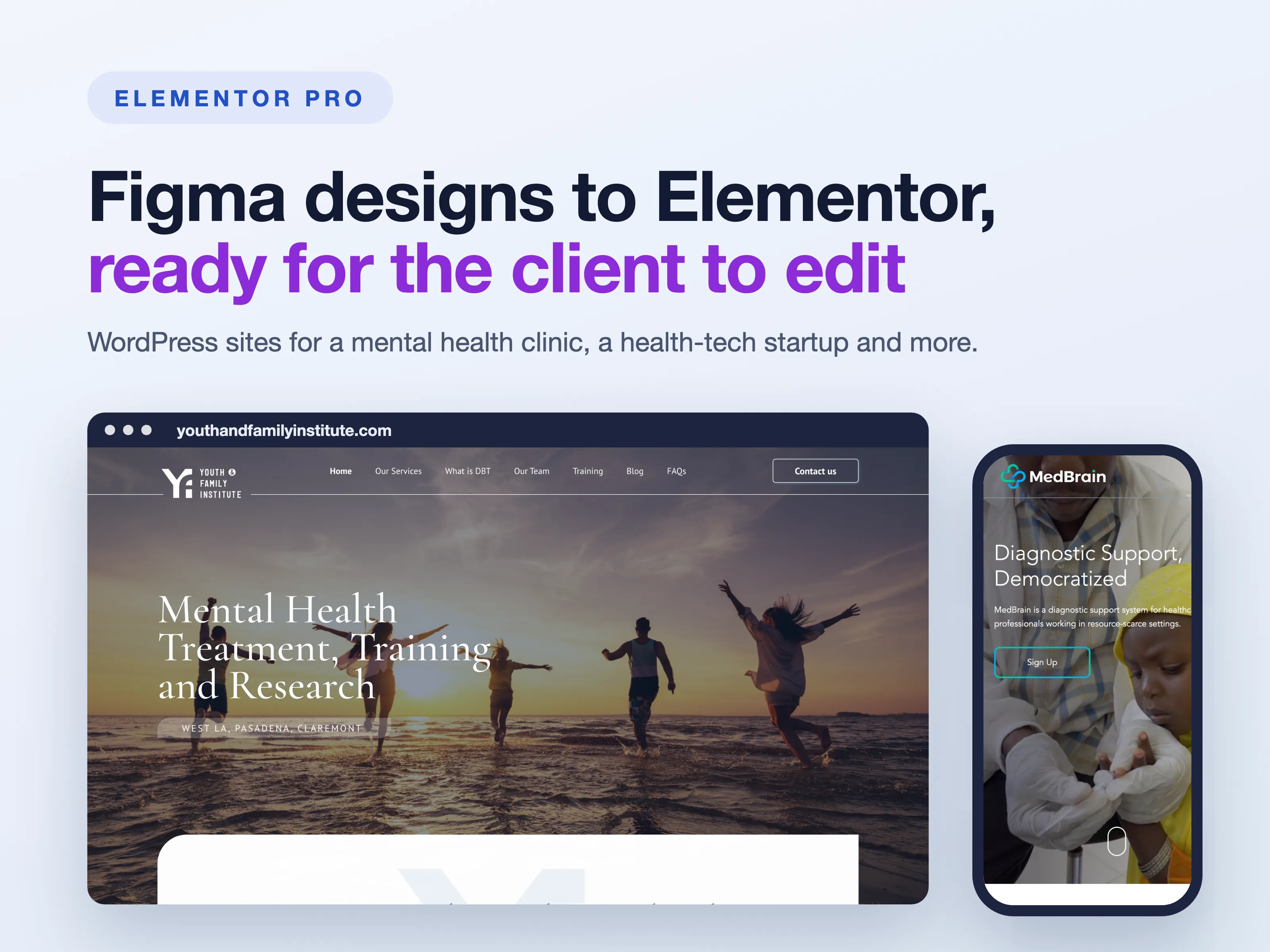 Collage of Elementor sites for a mental-health institute and a health-tech startup