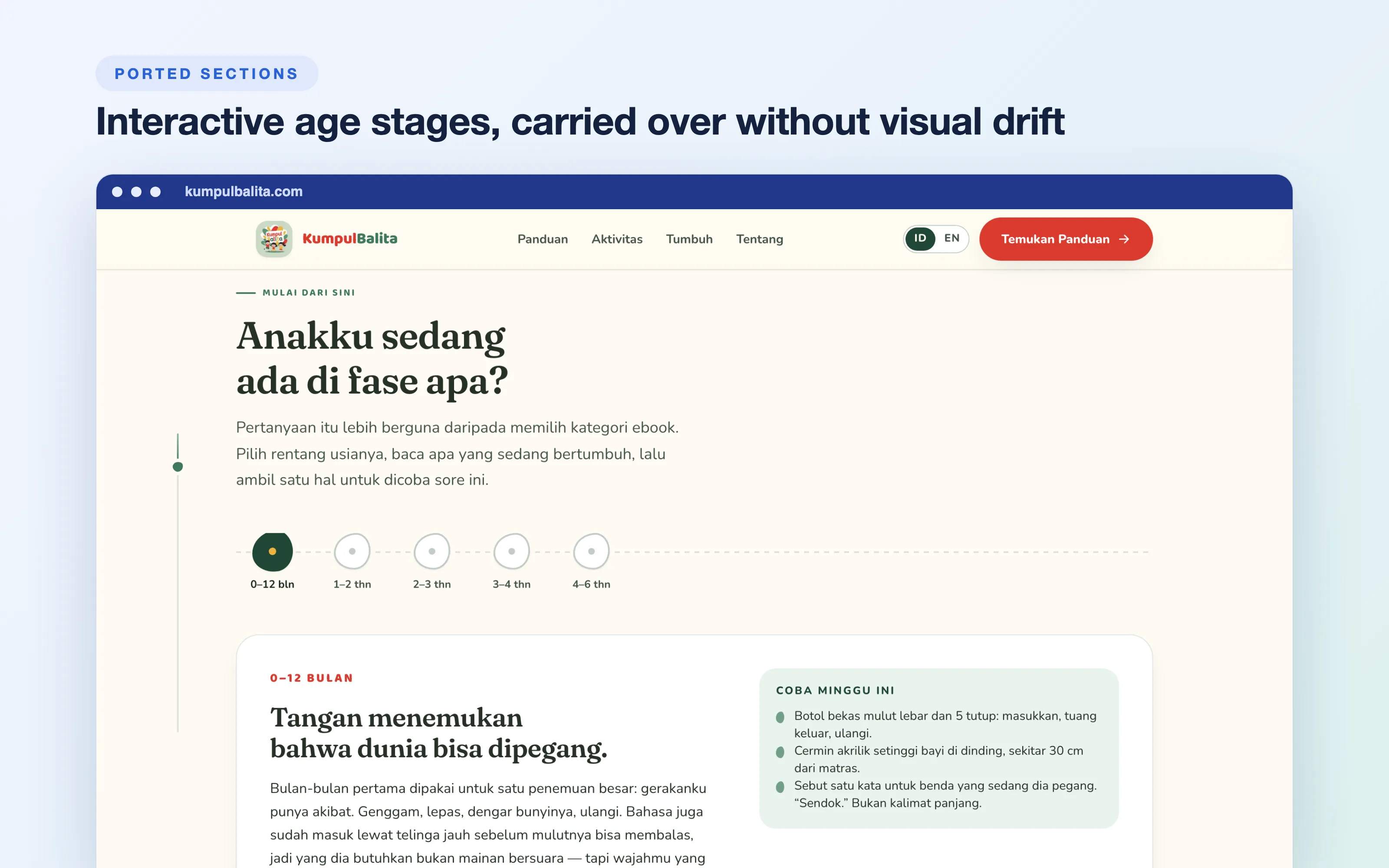 Interactive age stages, carried over without visual drift.