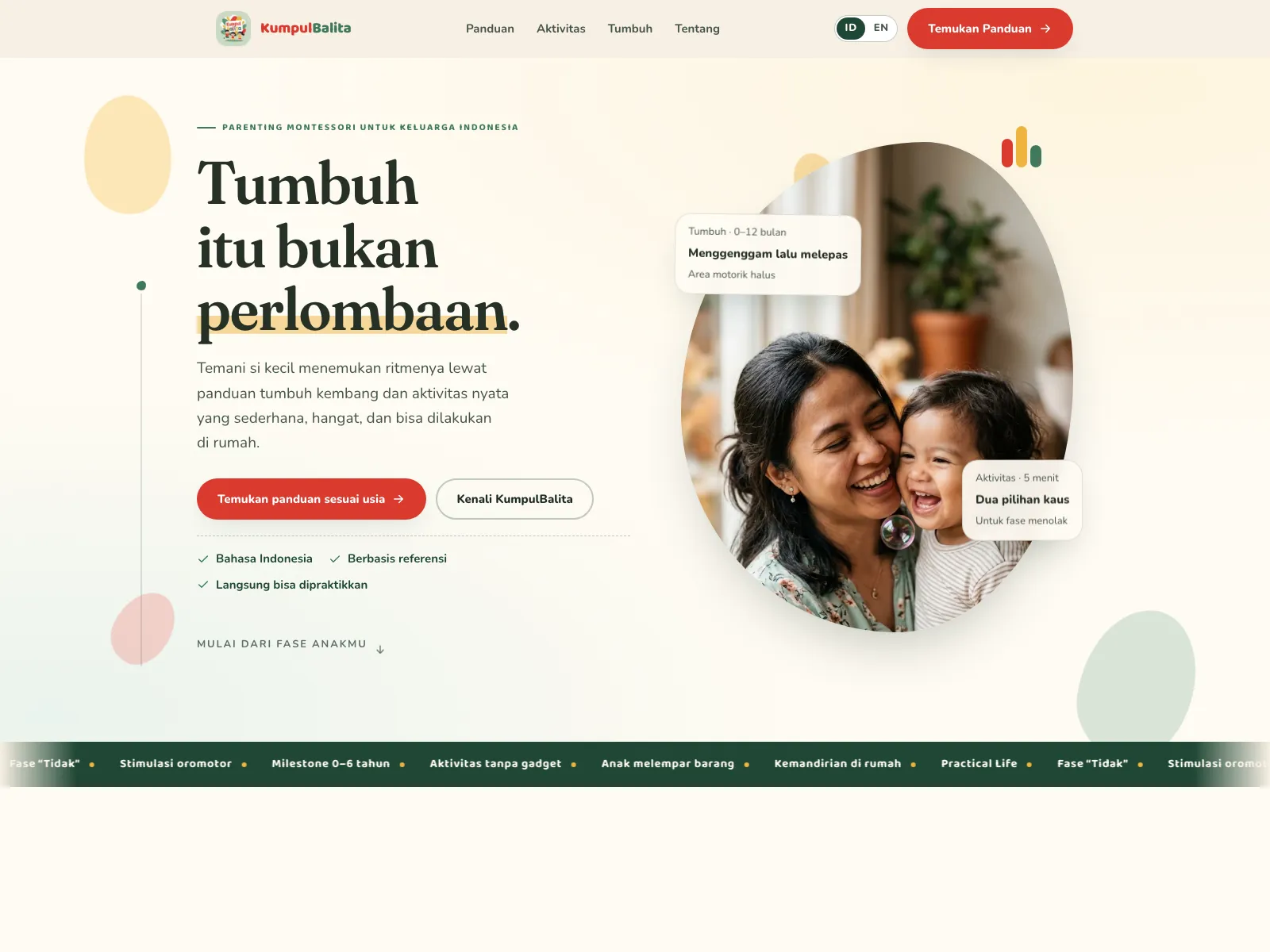 KumpulBalita landing page with a parent and toddler photo