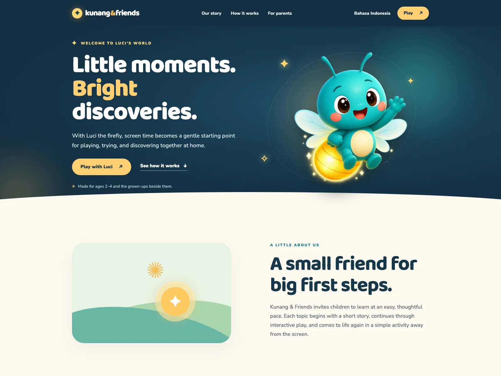 Kunang & Friends homepage with a firefly character and the headline “Little moments. Bright discoveries.”