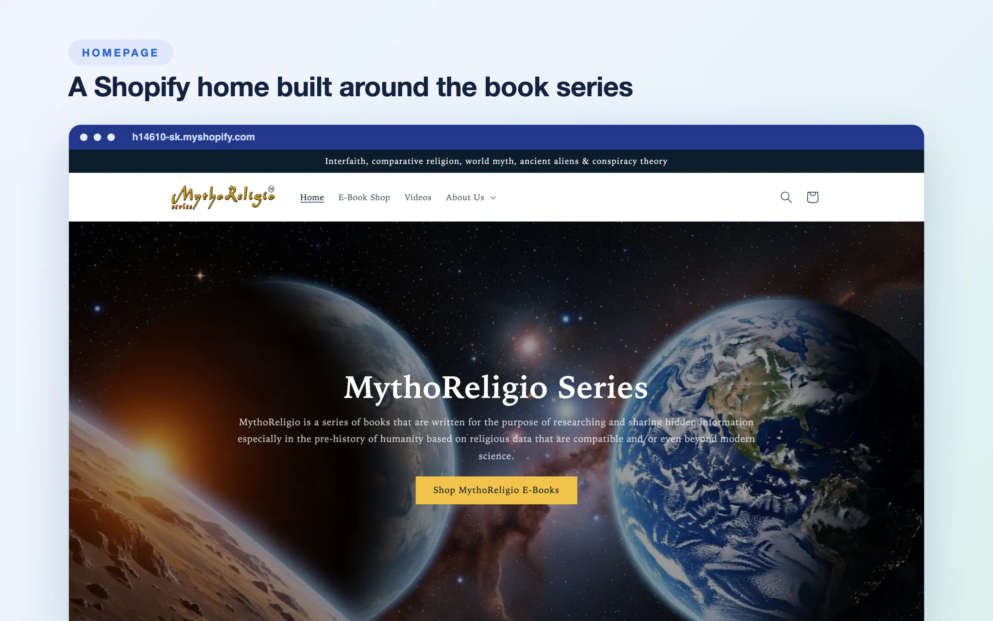 MythoReligio Shopify homepage with an image of Earth