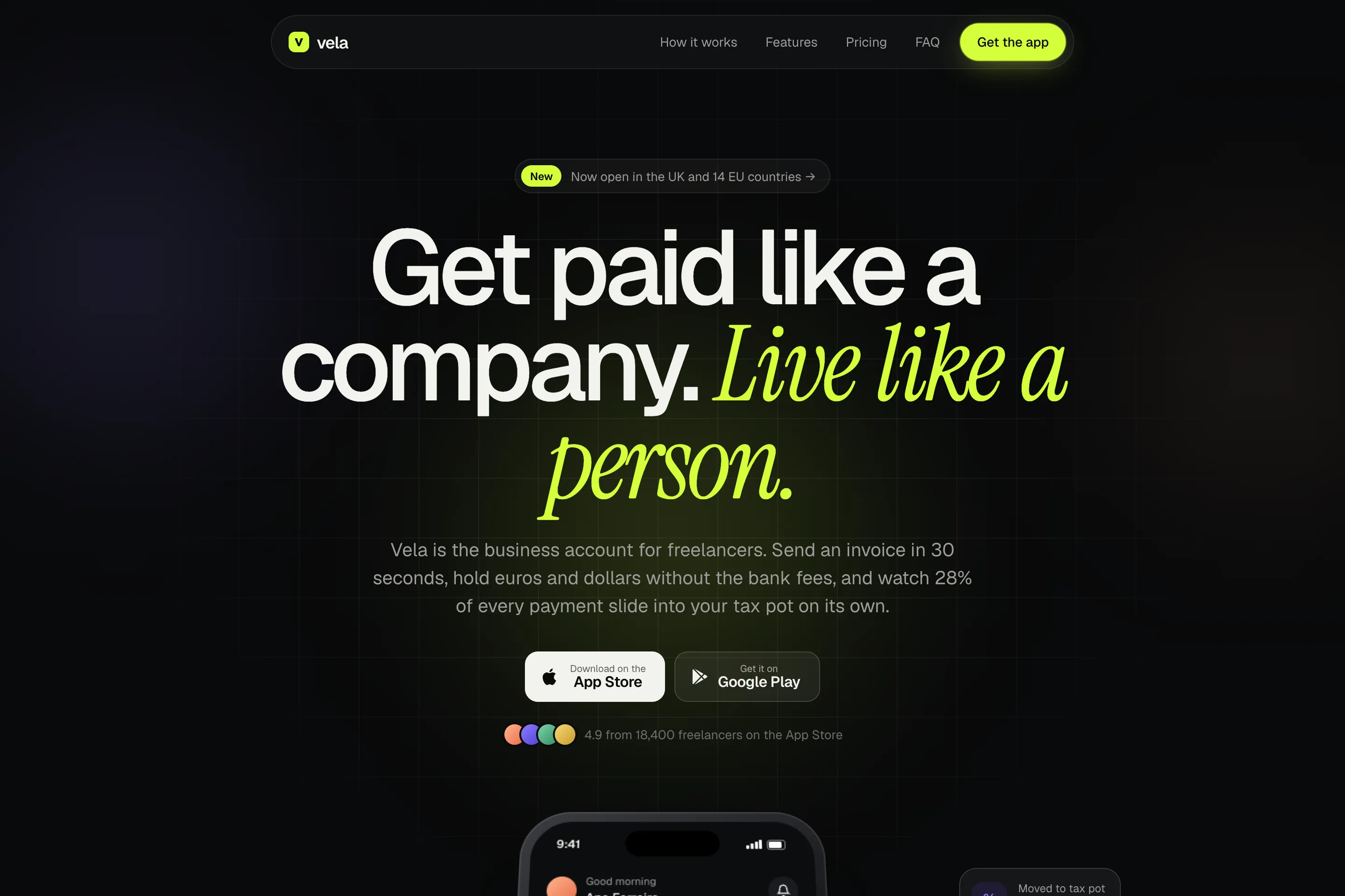 Vela launch page with the headline “Get paid like a company. Live like a person.”